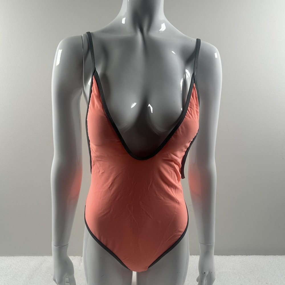 Swimsuit Womens Medium Pink One Piece Thong Deep V Open Back Stretch Swimwear